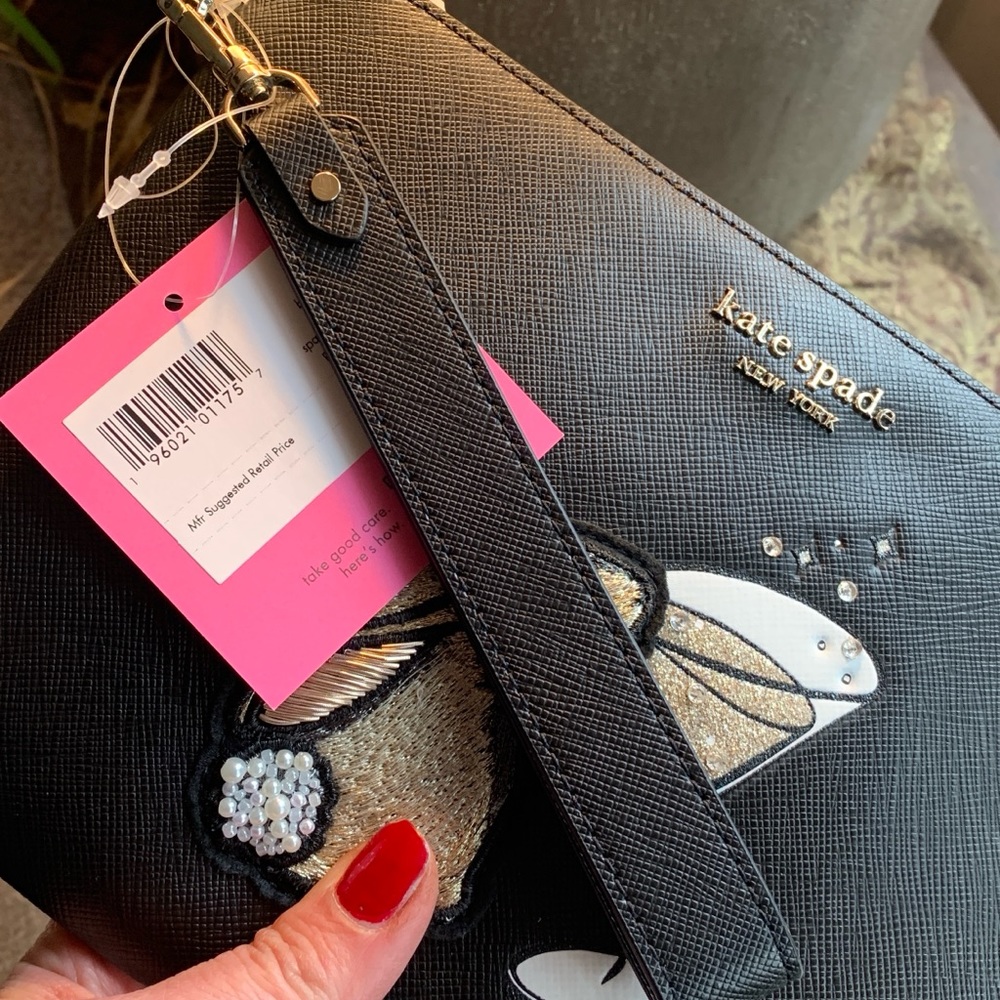 Authentic KATE SPADE leather large zip top wristlet Bunny glitter pearls - Picture 8 of 11